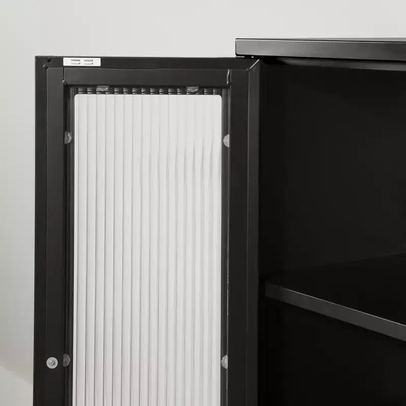 21.5" Wide Decorative Storage Cabinet, Black Metal Frame, 3 Shelves, Fluted Glass Doors