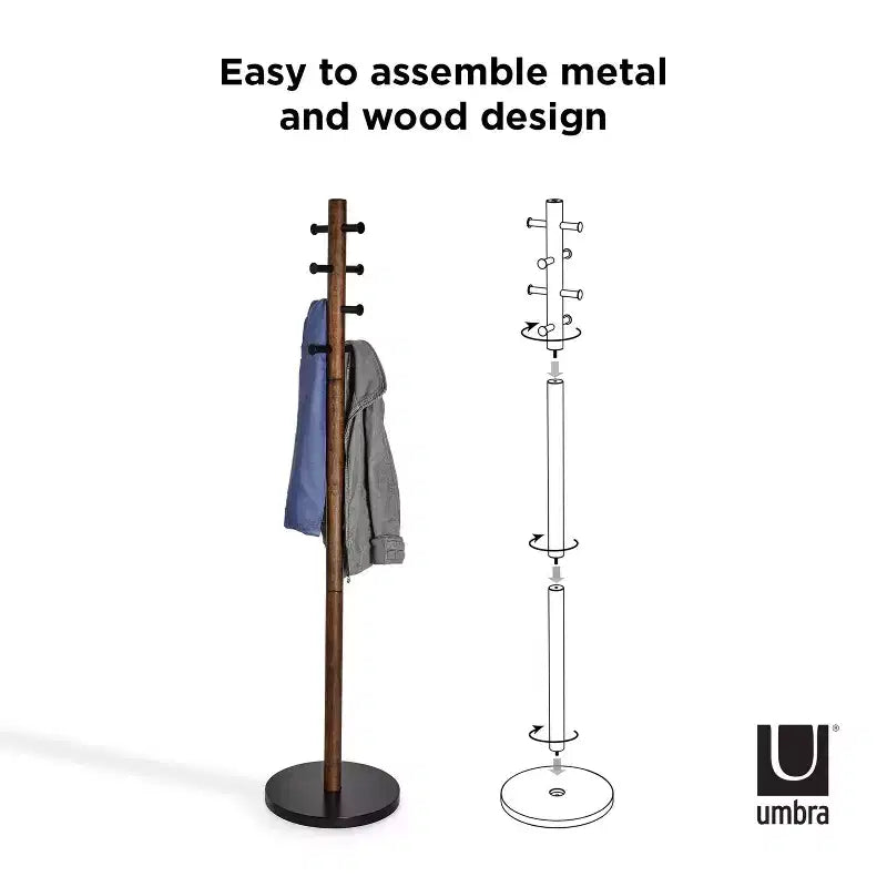 Wood Pillar Coat Rack, 8-Hook, Freestanding, Black/Walnut, 66" Tall
