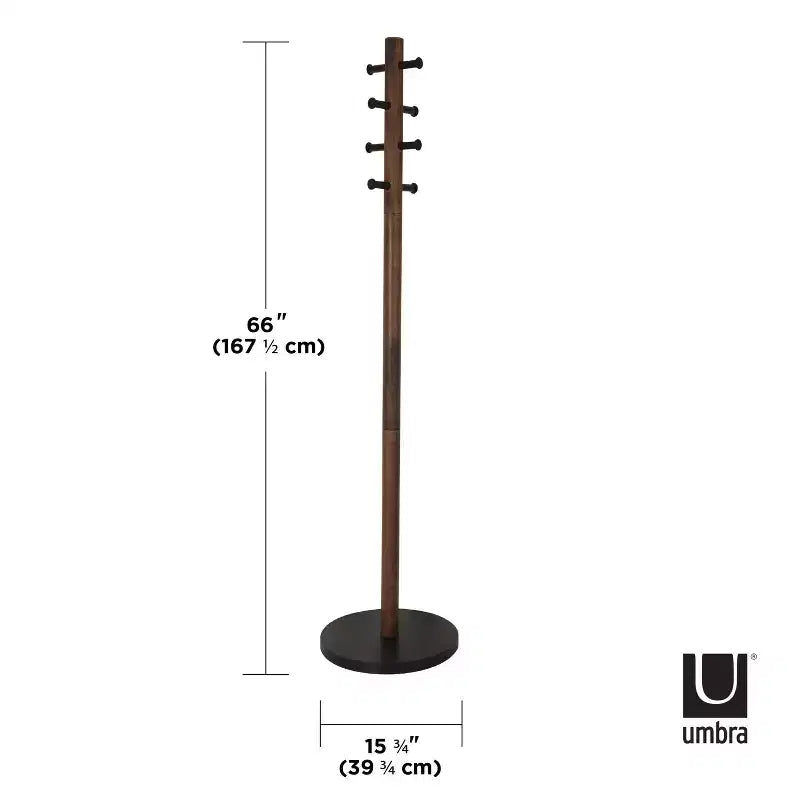 Wood Pillar Coat Rack, 8-Hook, Freestanding, Black/Walnut, 66" Tall