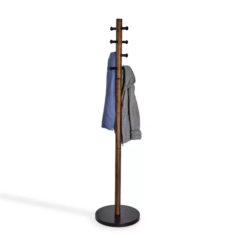 Wood Pillar Coat Rack, 8-Hook, Freestanding, Black/Walnut, 66" Tall