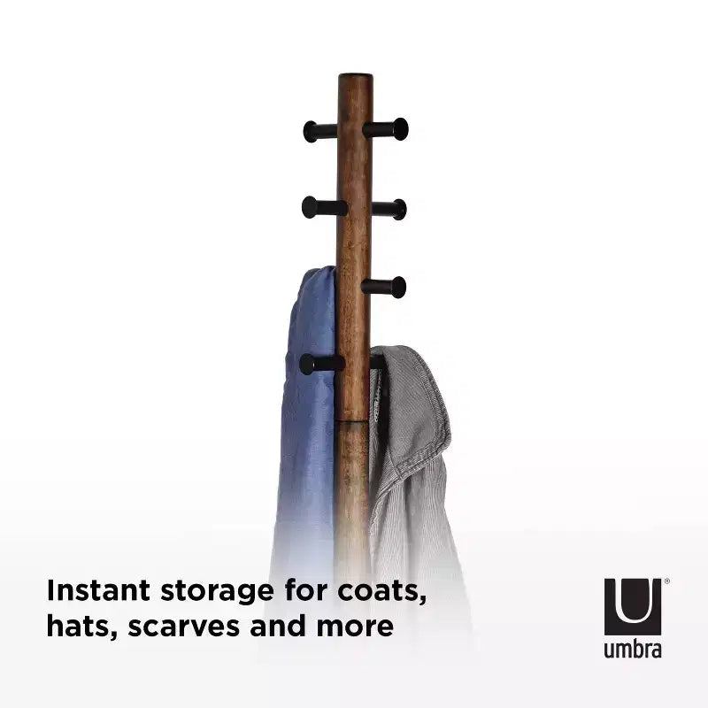 Wood Pillar Coat Rack, 8-Hook, Freestanding, Black/Walnut, 66" Tall