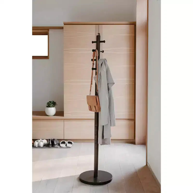 Wood Pillar Coat Rack, 8-Hook, Freestanding, Black/Walnut, 66" Tall