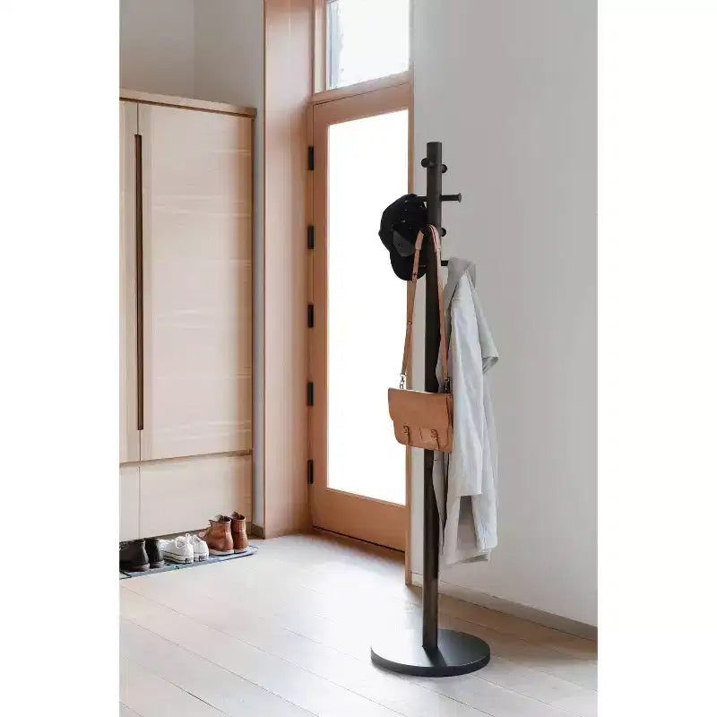 Wood Pillar Coat Rack, 8-Hook, Freestanding, Black/Walnut, 66" Tall
