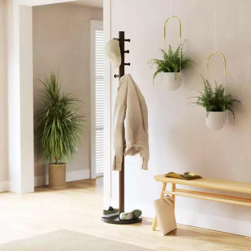Wood Pillar Coat Rack, 8-Hook, Freestanding, Black/Walnut, 66" Tall