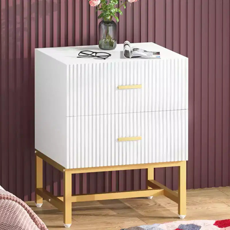 2-Drawer Nightstand Bedside Table, White Wood Top, Metal Frame
