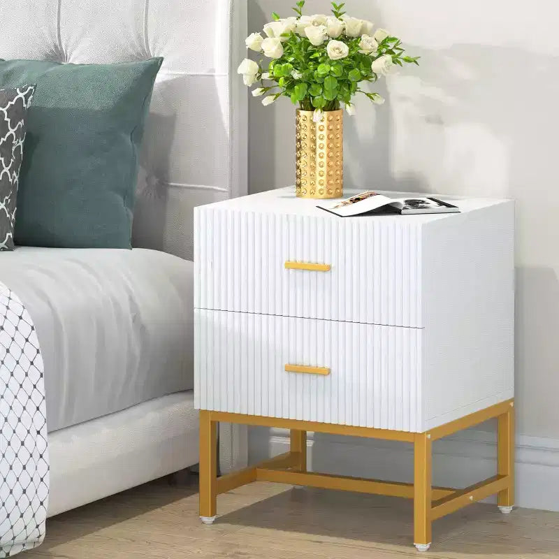 2-Drawer Nightstand Bedside Table, White Wood Top, Metal Frame
