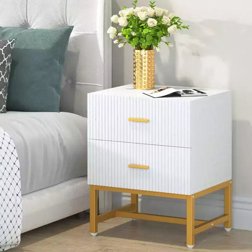 2-Drawer Nightstand Bedside Table, White Wood Top, Metal Frame