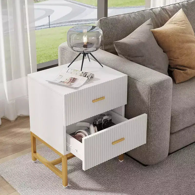 2-Drawer Nightstand Bedside Table, White Wood Top, Metal Frame
