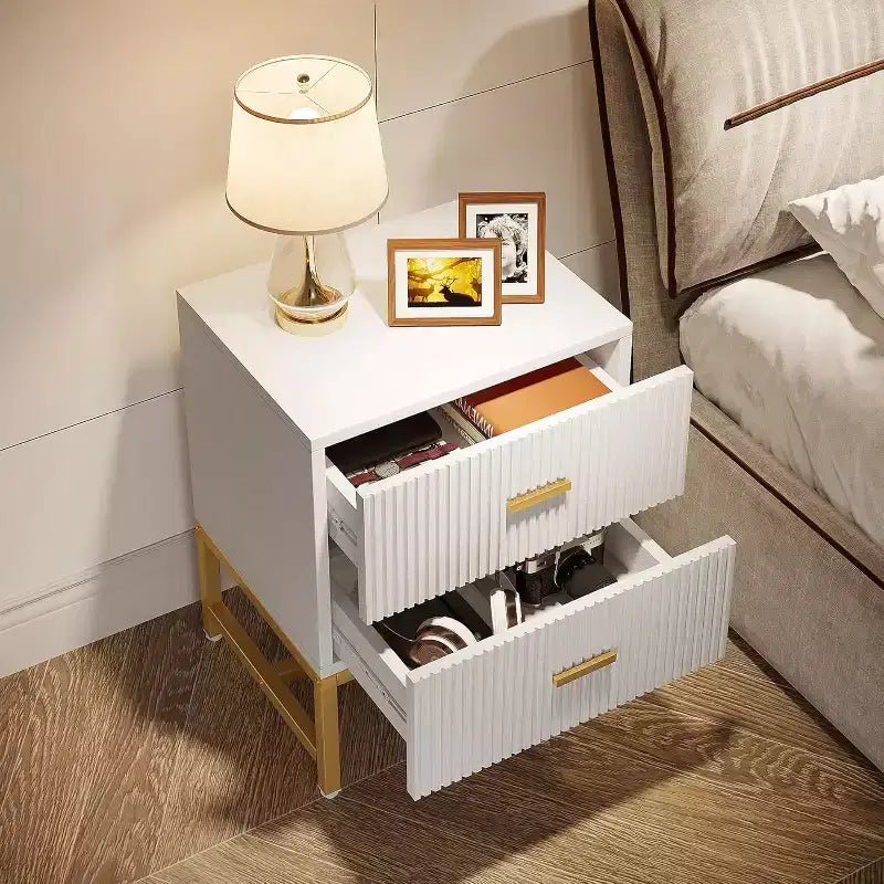 2-Drawer Nightstand Bedside Table, White Wood Top, Metal Frame