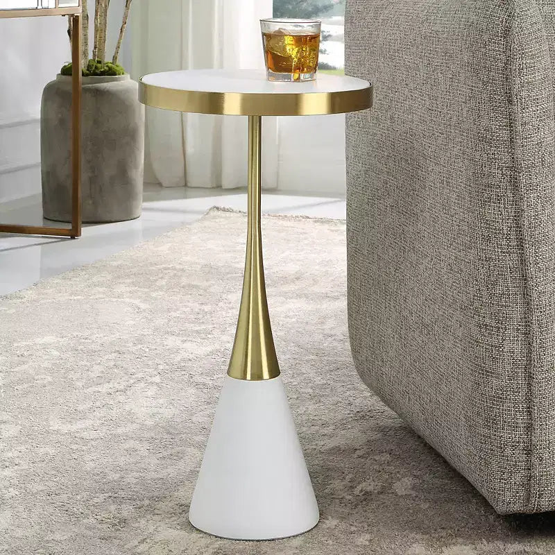 12.5" Matte White Brushed Brass Round Accent Table, Concrete Top
