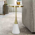 12.5" Matte White Brushed Brass Round Accent Table, Concrete Top