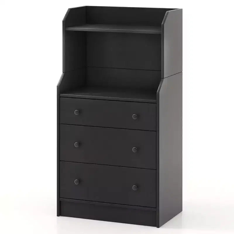 3-Drawer Dresser, 44" Tall Wood Storage Organizer with 2 Open Shelves, Black/White/Walnut