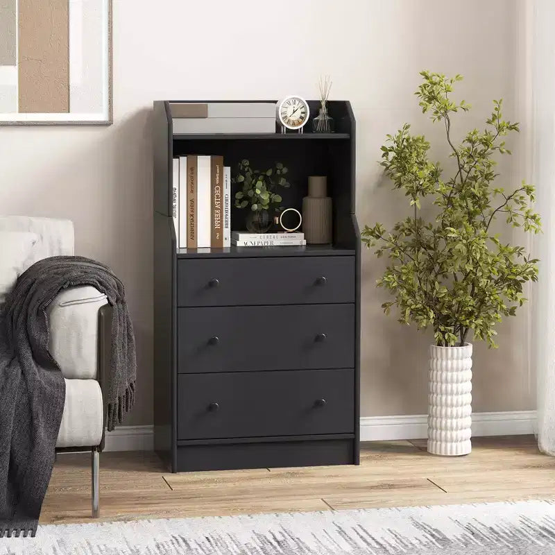 3-Drawer Dresser, 44" Tall Wood Storage Organizer with 2 Open Shelves, Black/White/Walnut