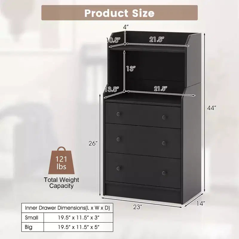 3-Drawer Dresser, 44" Tall Wood Storage Organizer with 2 Open Shelves, Black/White/Walnut