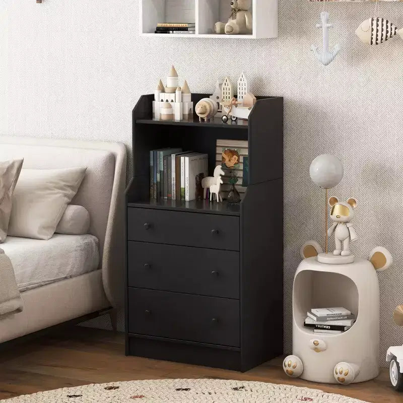 3-Drawer Dresser, 44" Tall Wood Storage Organizer with 2 Open Shelves, Black/White/Walnut