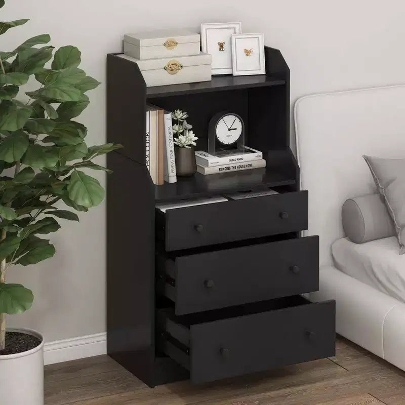 3-Drawer Dresser, 44" Tall Wood Storage Organizer with 2 Open Shelves, Black/White/Walnut