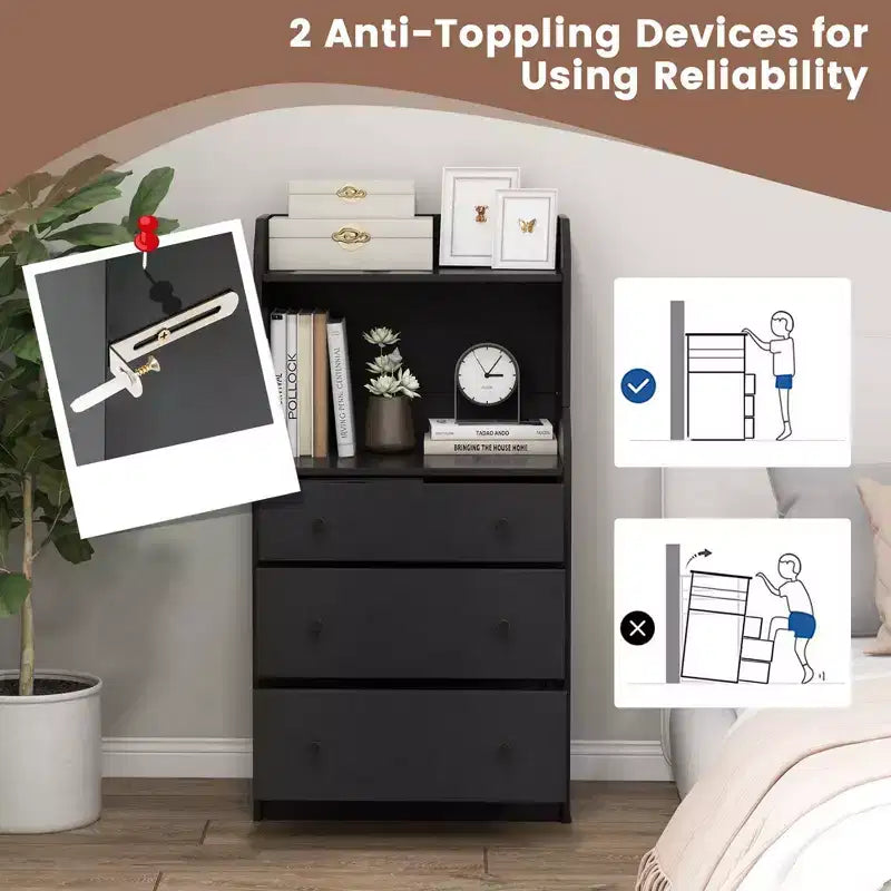 3-Drawer Dresser, 44" Tall Wood Storage Organizer with 2 Open Shelves, Black/White/Walnut