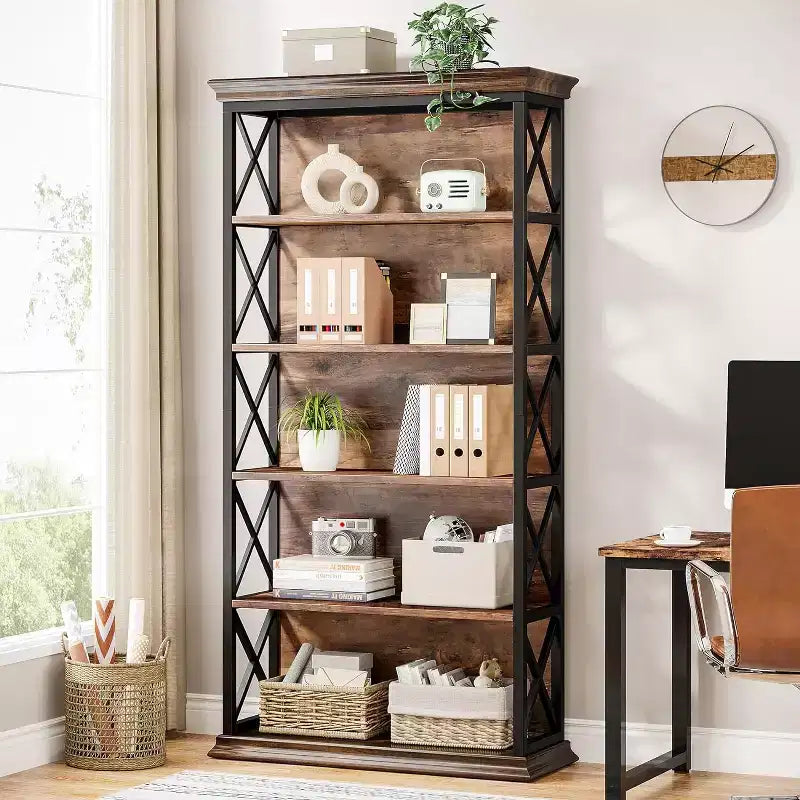 6-Tier 70.87" Freestanding Bookshelf with X-Bar Side Accents, Metal Frame
