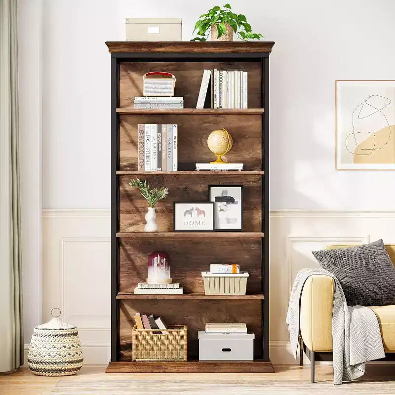 6-Tier 70.87" Freestanding Bookshelf with X-Bar Side Accents, Metal Frame