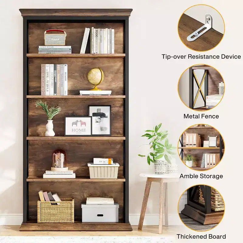 6-Tier 70.87" Freestanding Bookshelf with X-Bar Side Accents, Metal Frame