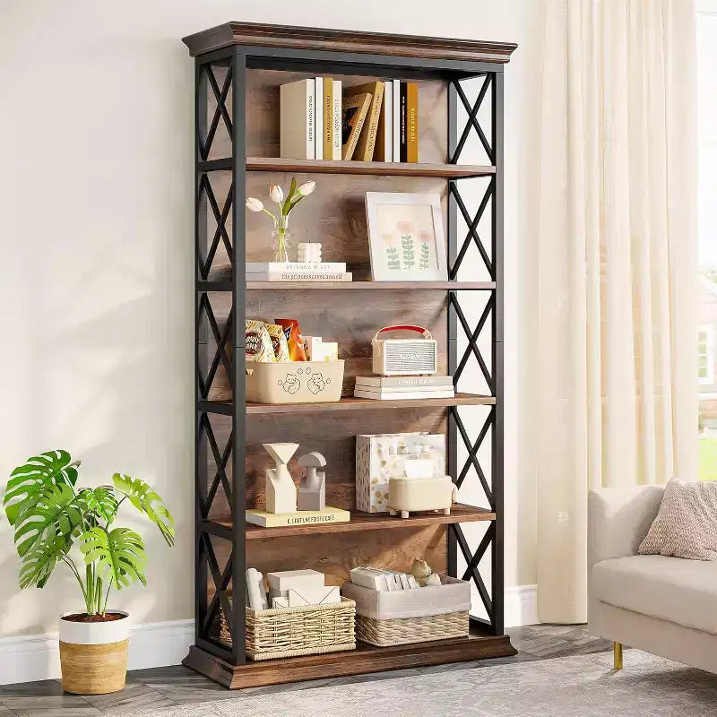 6-Tier 70.87" Freestanding Bookshelf with X-Bar Side Accents, Metal Frame