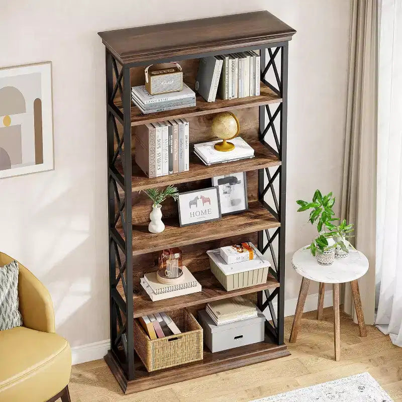 6-Tier 70.87" Freestanding Bookshelf with X-Bar Side Accents, Metal Frame
