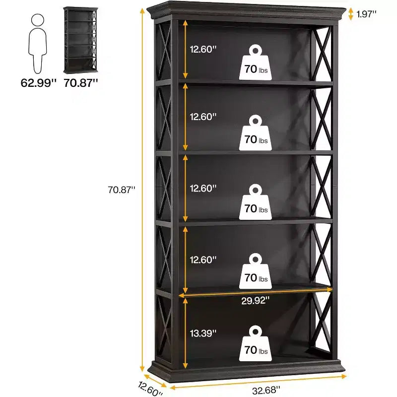 6-Tier 70.87" Freestanding Bookshelf with X-Bar Side Accents, Metal Frame