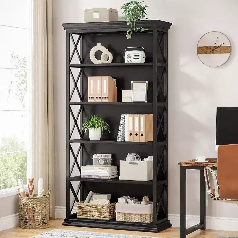 6-Tier 70.87" Freestanding Bookshelf with X-Bar Side Accents, Metal Frame