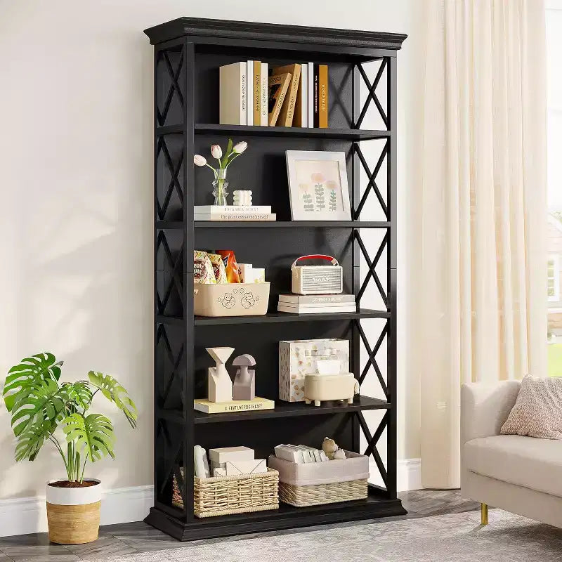 6-Tier 70.87" Freestanding Bookshelf with X-Bar Side Accents, Metal Frame