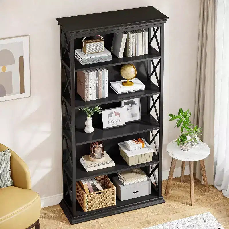 6-Tier 70.87" Freestanding Bookshelf with X-Bar Side Accents, Metal Frame