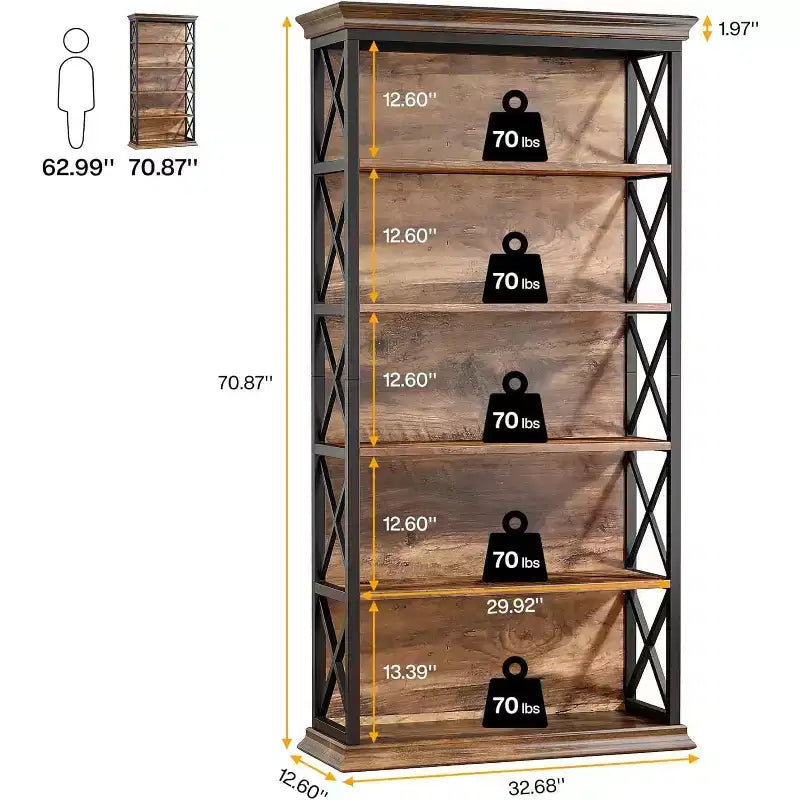 6-Tier 70.87" Freestanding Bookshelf with X-Bar Side Accents, Metal Frame