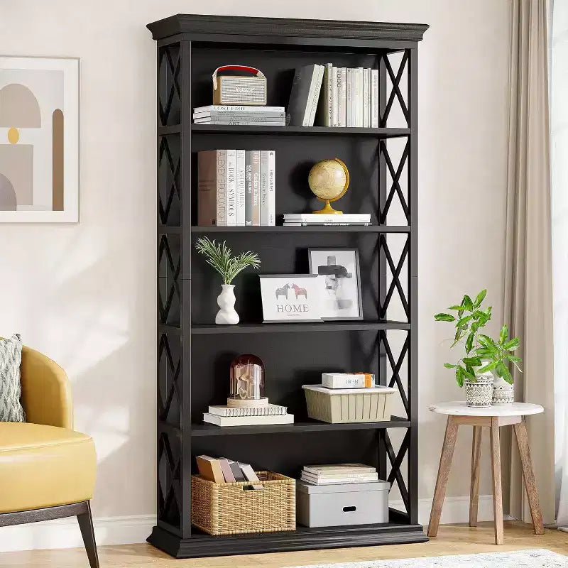 6-Tier 70.87" Freestanding Bookshelf with X-Bar Side Accents, Metal Frame