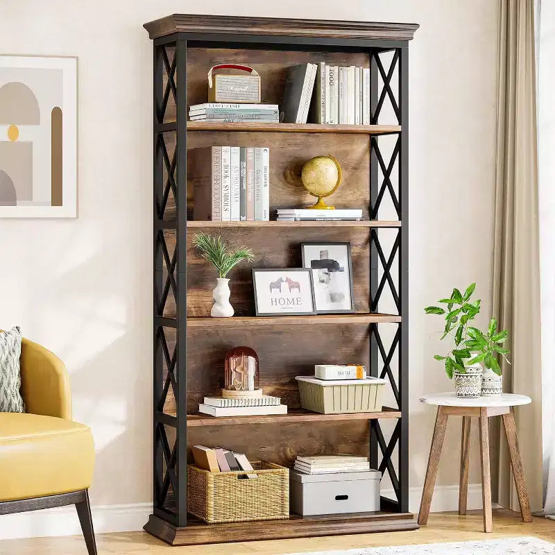 6-Tier 70.87" Freestanding Bookshelf with X-Bar Side Accents, Metal Frame