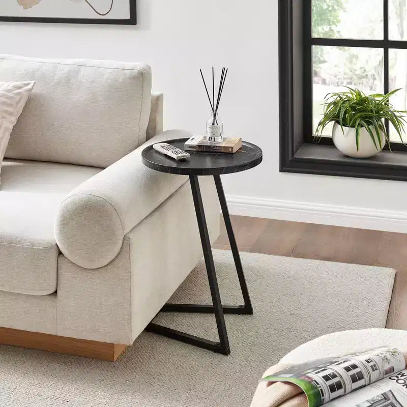 Addison Round Couch Side Accent Table with Modern Metal Pedestal Leg, 23.3x15.75, Black