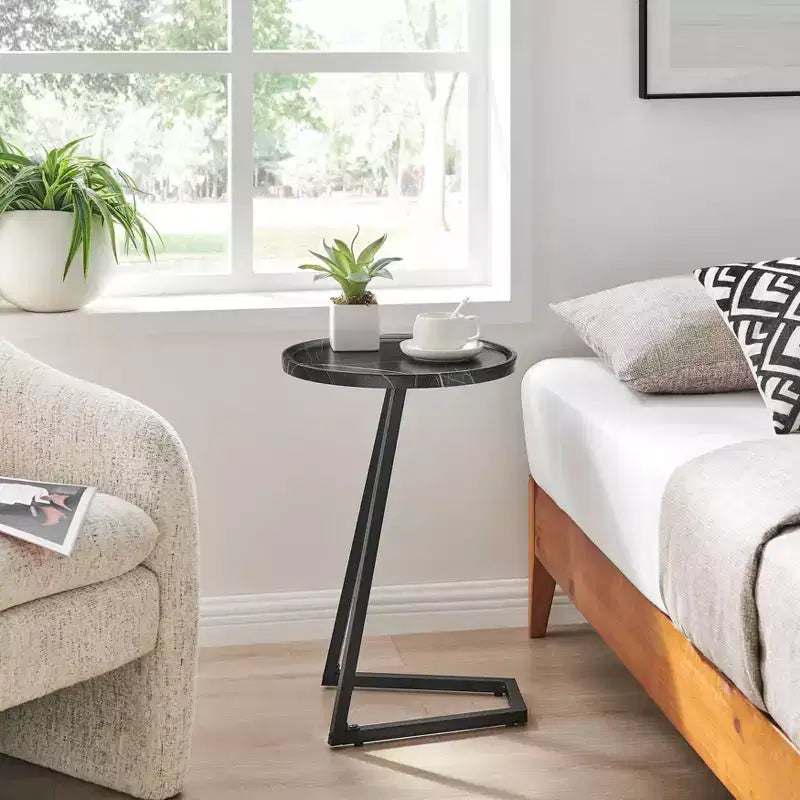 Addison Round Couch Side Accent Table with Modern Metal Pedestal Leg, 23.3x15.75, Black