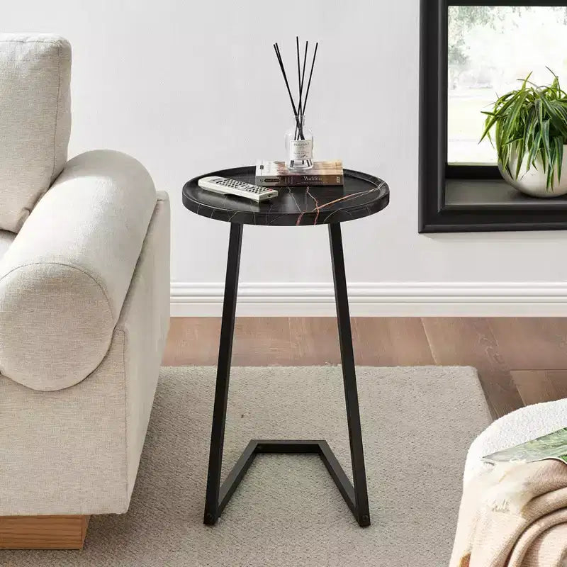 Addison Round Couch Side Accent Table with Modern Metal Pedestal Leg, 23.3x15.75, Black
