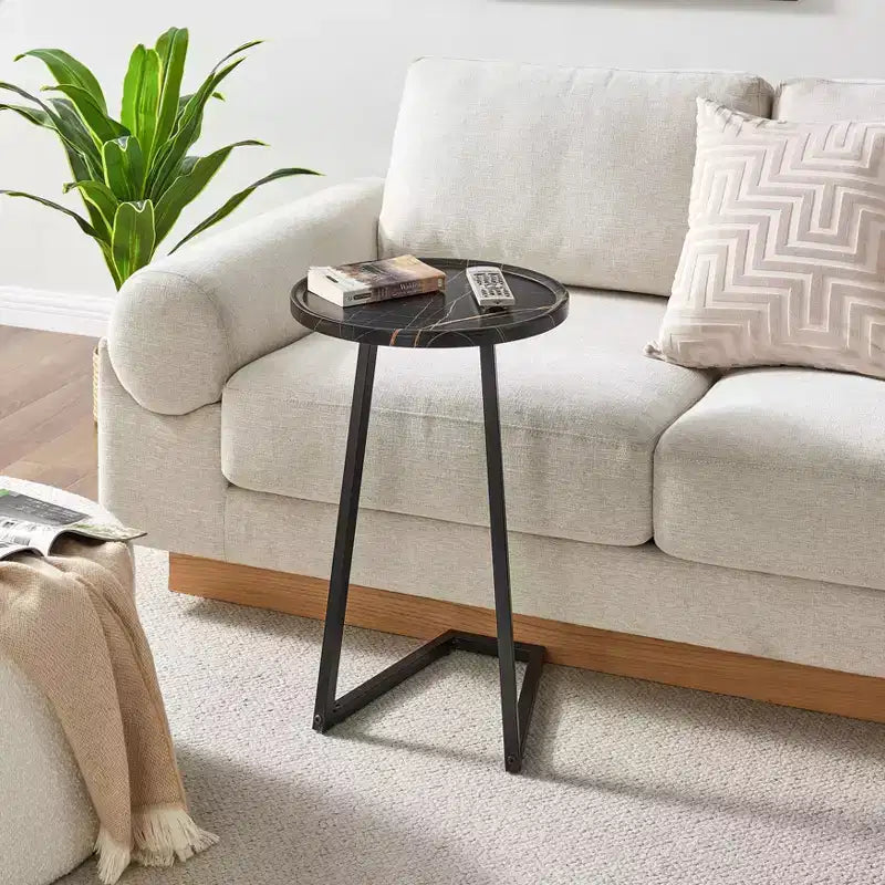 Addison Round Couch Side Accent Table with Modern Metal Pedestal Leg, 23.3x15.75, Black