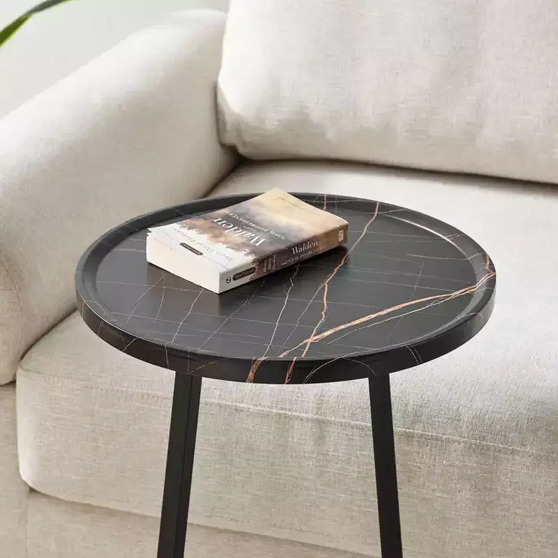 Addison Round Couch Side Accent Table with Modern Metal Pedestal Leg, 23.3x15.75, Black