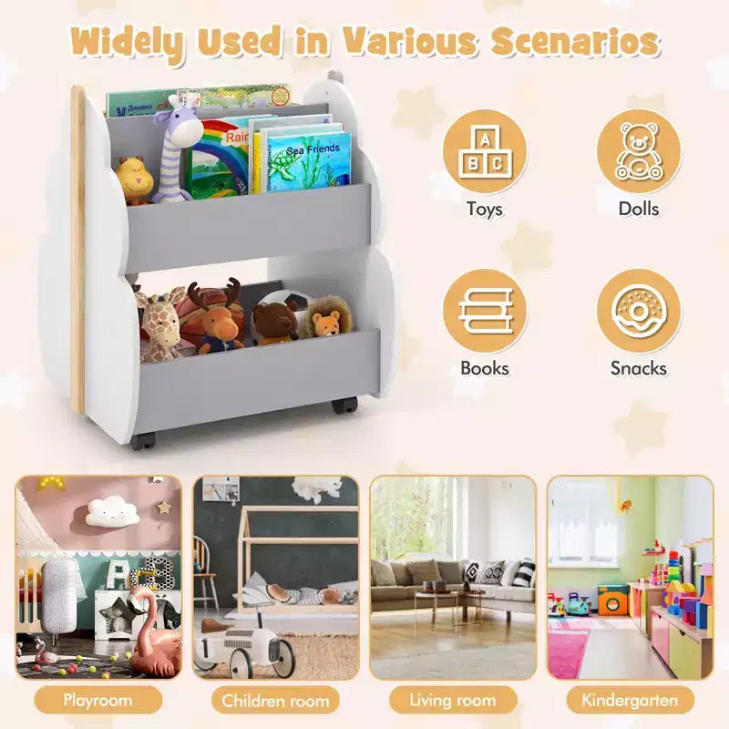 Kids Wooden Bookshelf with Wheels, 2-Tier Double-Sided, Grey/Natural