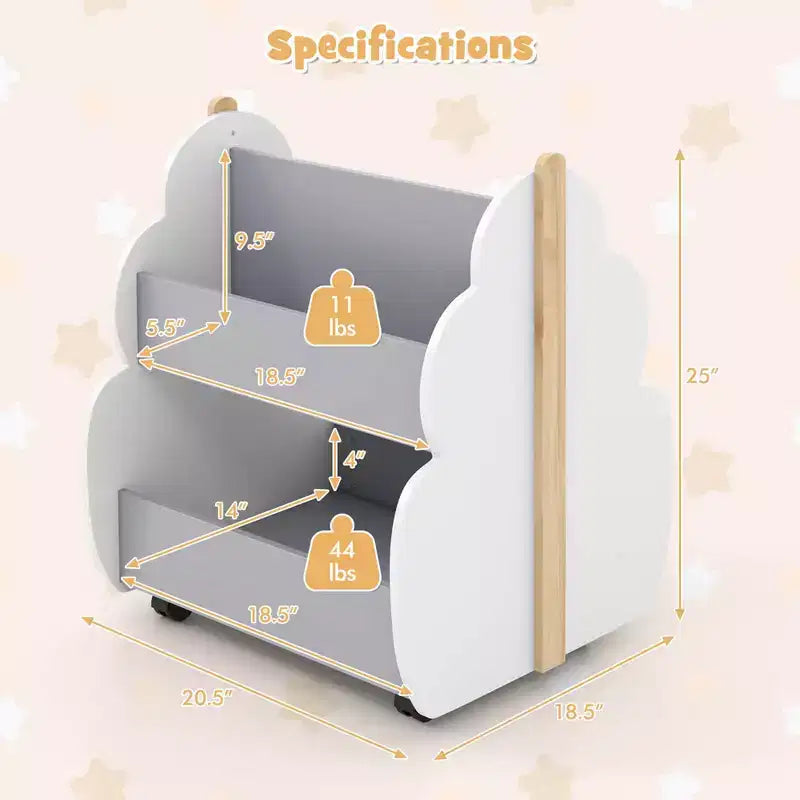 Kids Wooden Bookshelf with Wheels, 2-Tier Double-Sided, Grey/Natural