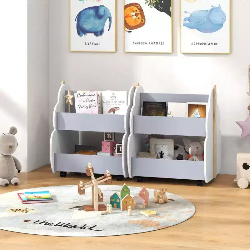 Kids Wooden Bookshelf with Wheels, 2-Tier Double-Sided, Grey/Natural