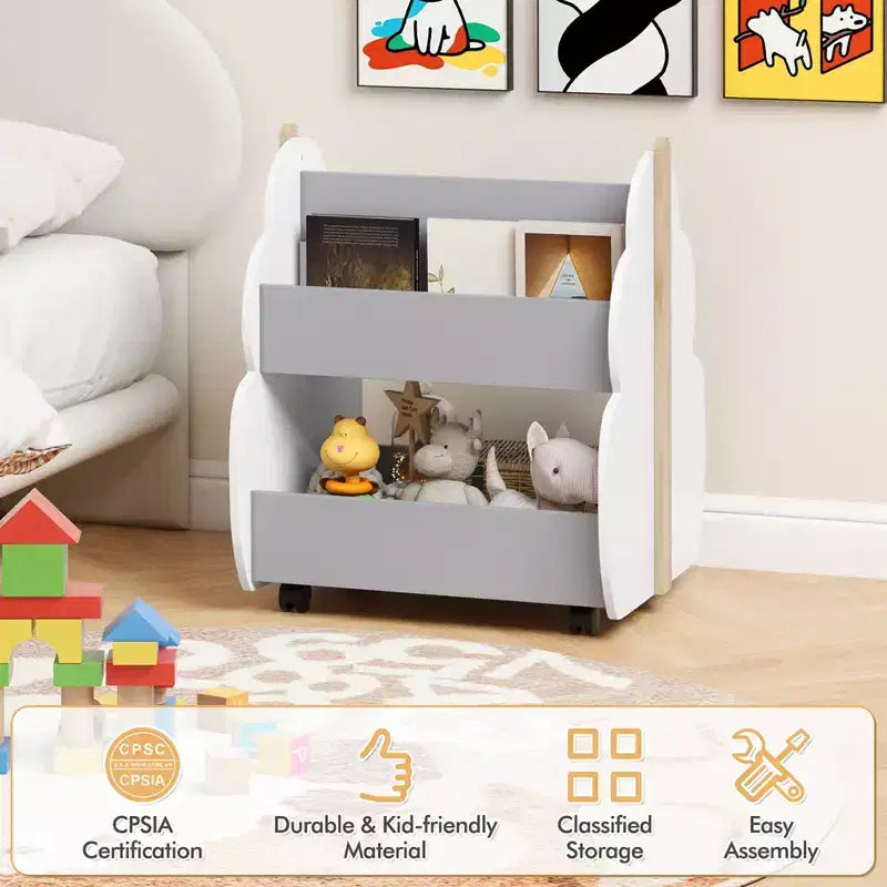 Kids Wooden Bookshelf with Wheels, 2-Tier Double-Sided, Grey/Natural