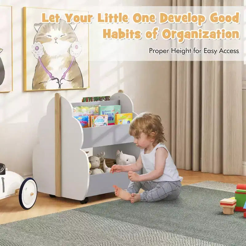 Kids Wooden Bookshelf with Wheels, 2-Tier Double-Sided, Grey/Natural