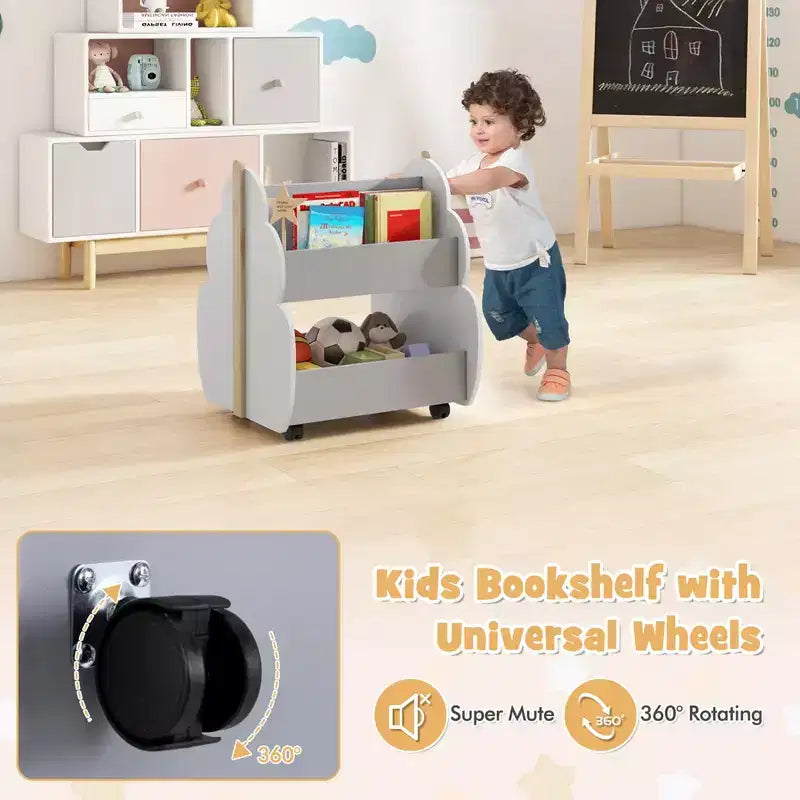 Kids Wooden Bookshelf with Wheels, 2-Tier Double-Sided, Grey/Natural