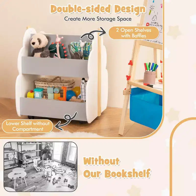 Kids Wooden Bookshelf with Wheels, 2-Tier Double-Sided, Grey/Natural