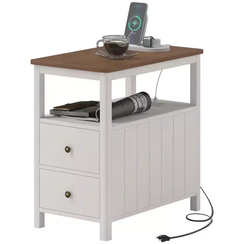 Narrow End Table with Charging Station, USB Ports, Drawers & Shelf, White/Brown