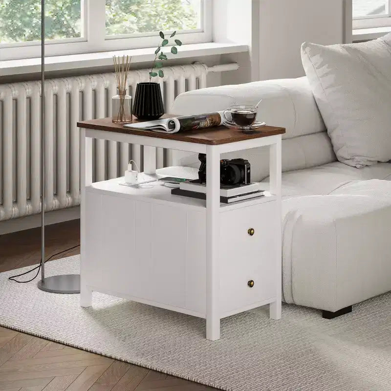 Narrow End Table with Charging Station, USB Ports, Drawers & Shelf, White/Brown