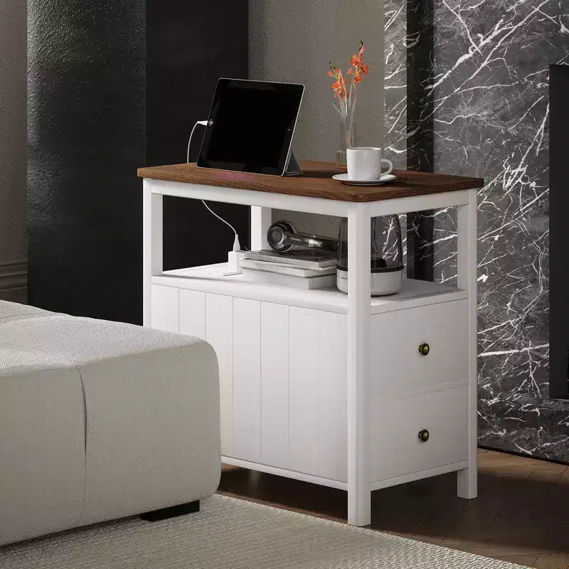 Narrow End Table with Charging Station, USB Ports, Drawers & Shelf, White/Brown