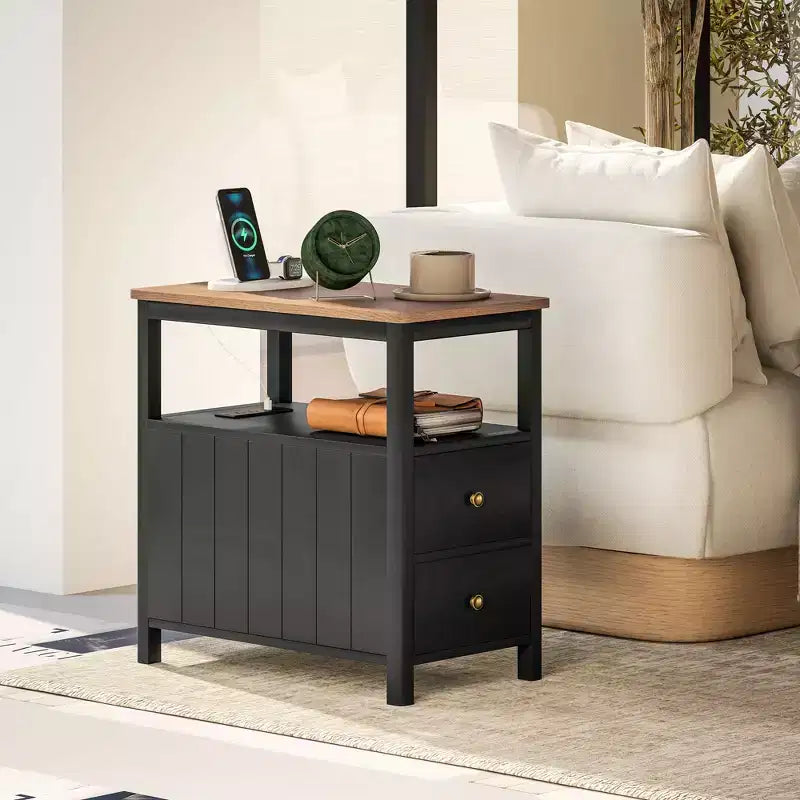 Narrow End Table with Charging Station, USB Ports, Drawers & Shelf, White/Brown