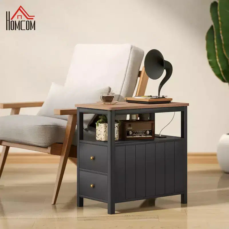 Narrow End Table with Charging Station, USB Ports, Drawers & Shelf, White/Brown